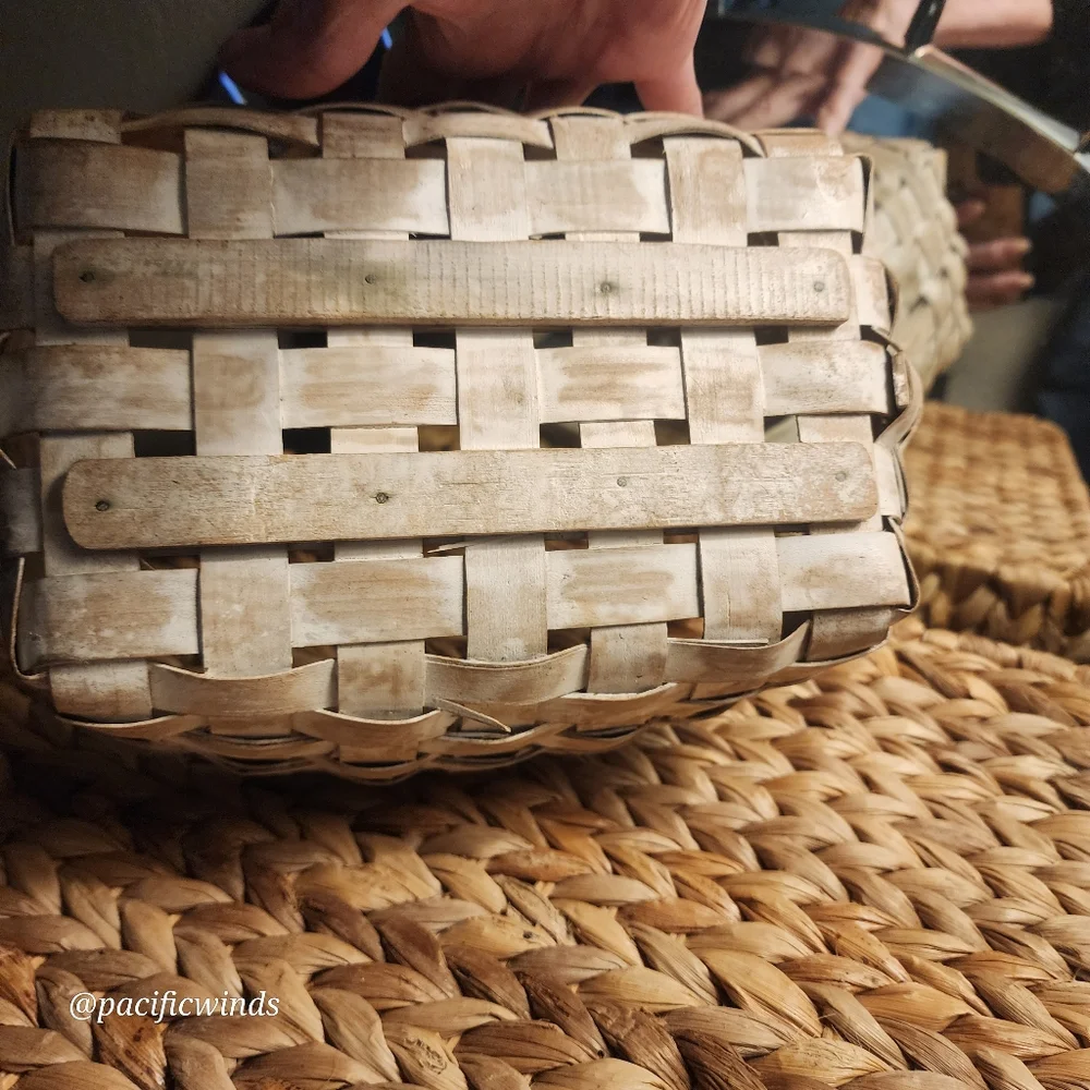 ASH WOOD VINTAGE WOVEN WHITEWASHED BASKET GATHERING BASKET